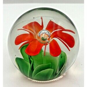 Art Glass Paperweight Handblown Orange Flower w/ Leaves Controlled Bubble Center